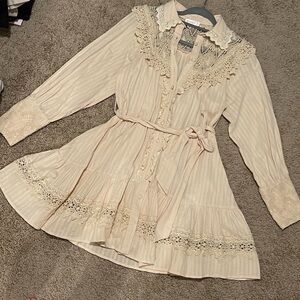 Women’s Elegant Cream Lace-Trimmed Button-Front Dress with Tie Belt